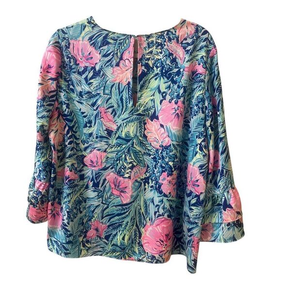 Lilly Pulitzer Christie floral blouse ruffle sleeves sz Large - Picture 2 of 4